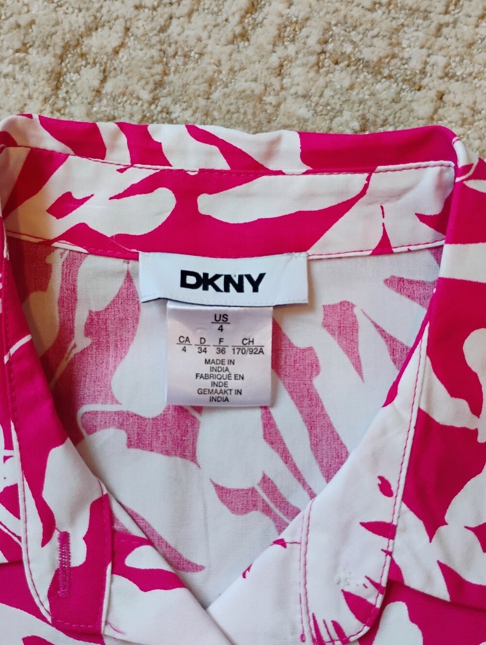 NWT 4 DKNY Fuchsia And White Abstract Floral Short Sleeve Midi Shirt Dress NEW - Picture 3 of 12